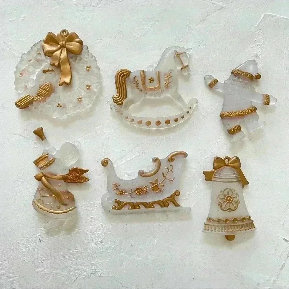 Vintage Christmas Ornament Frosted Clear Glass Gold Lot of 6 RARE
